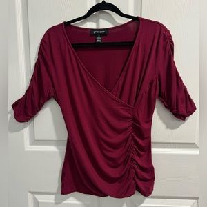 Grayson Maroon 3/4 Rouged Sleeved Faux Wrap Blouse Size S. Super flattering.